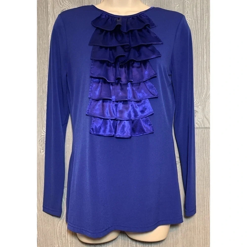 Marc Bouwer Royal Blue Satin Ruffle Blouse XS